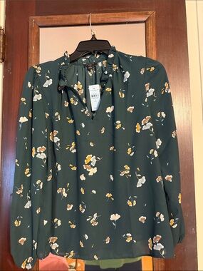 Ann Taylor Dark Green Floral Ruffle-Neck Blouse